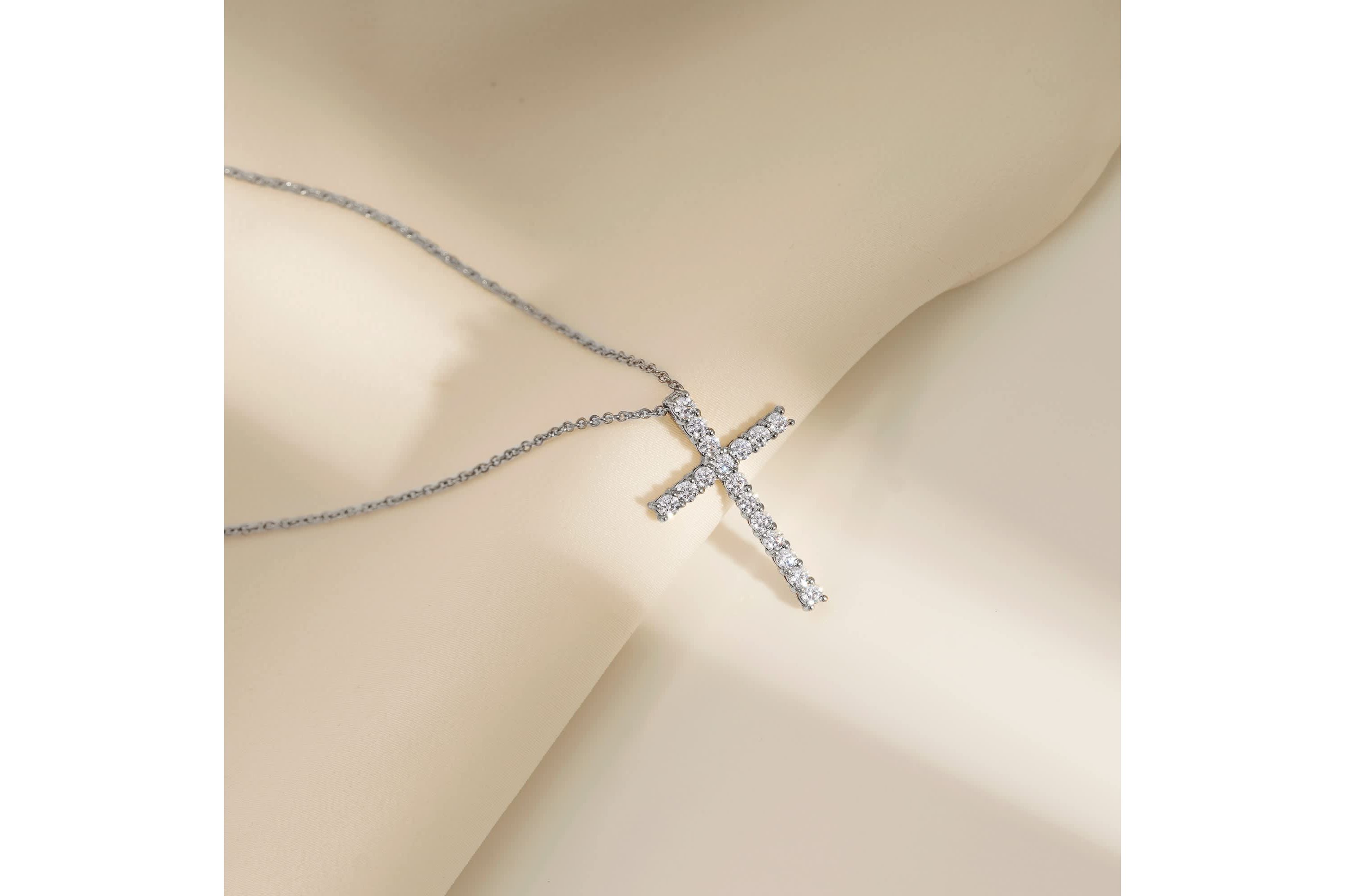 Lab Created Platinum Plated Sterling Silver 0.68 cttw Religious Clear Cubic Zirconia Latin Cross Pendant Necklace