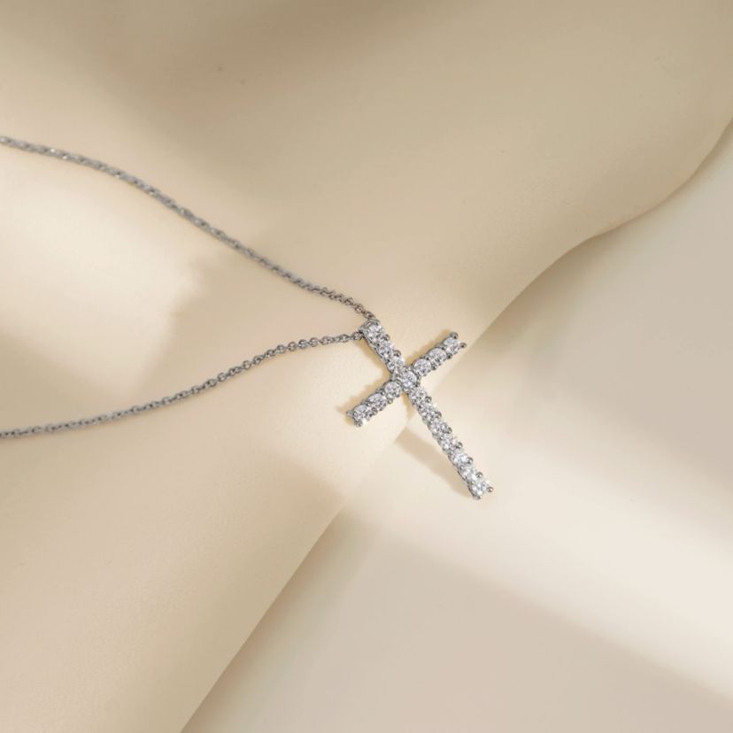 Lab Created Platinum Plated Sterling Silver 0.68 cttw Religious Clear Cubic Zirconia Latin Cross Pendant Necklace