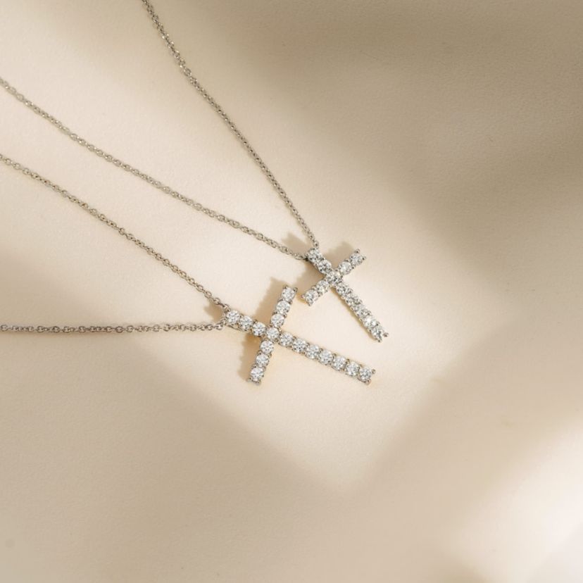 Lab Created Platinum Plated Sterling Silver 0.68 cttw Religious Clear Cubic Zirconia Latin Cross Pendant Necklace