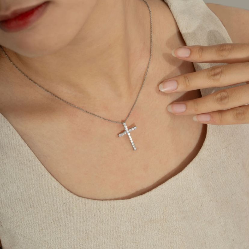 Lab Created Platinum Plated Sterling Silver 0.68 cttw Religious Clear Cubic Zirconia Latin Cross Pendant Necklace
