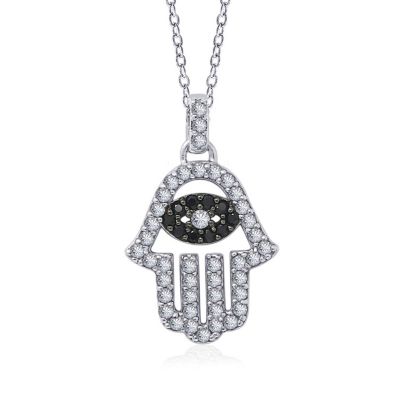 J'admire Lab Created Platinum Plated Sterling Silver CZ, Natural and Synthetic Black Spinel Evil Eye Hamsa Hand Lucky Pendant Necklace