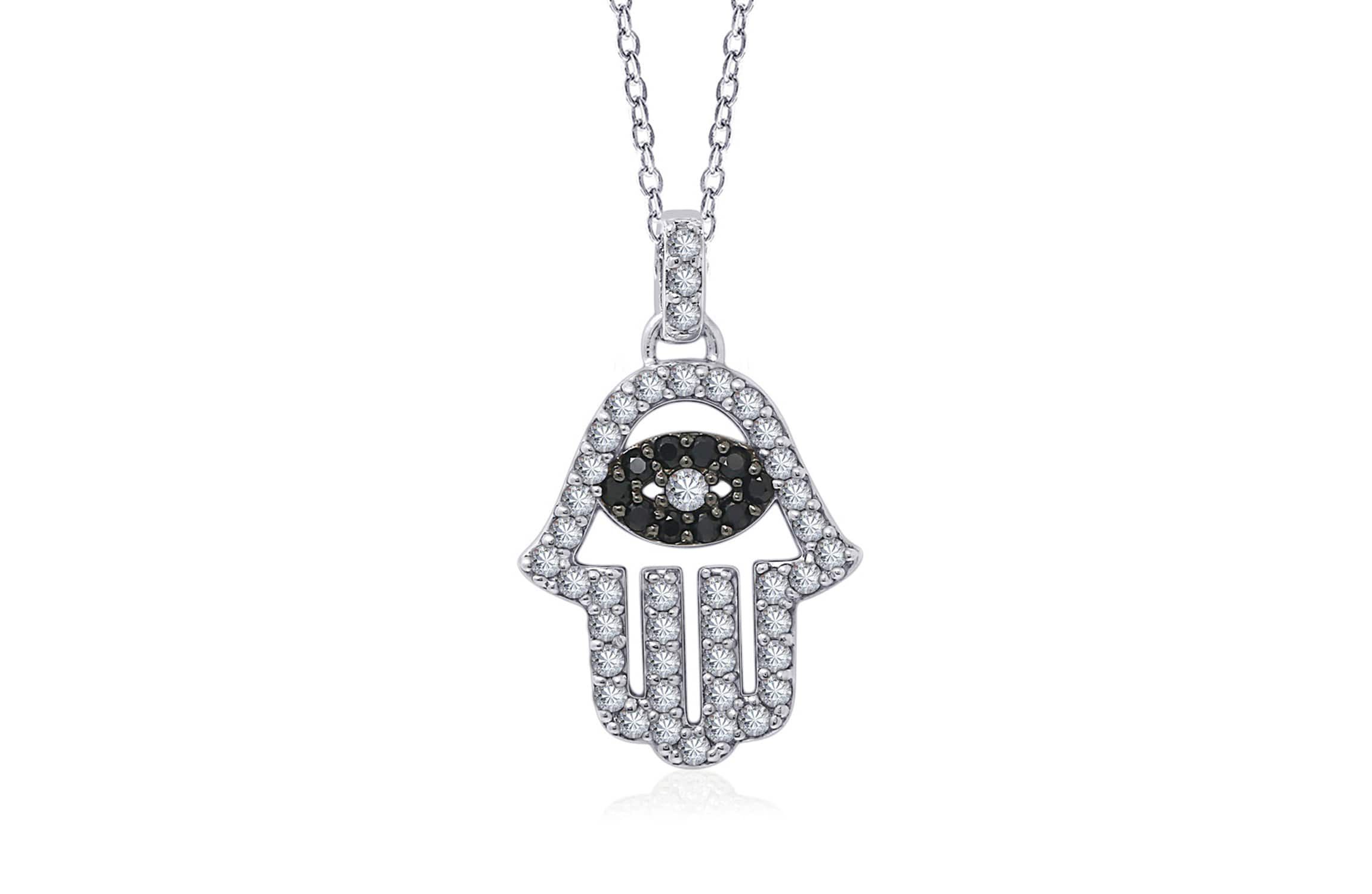 Lab Created Platinum Plated Sterling Silver CZ, Natural and Synthetic Black Spinel Evil Eye Hamsa Hand Lucky Pendant Necklace