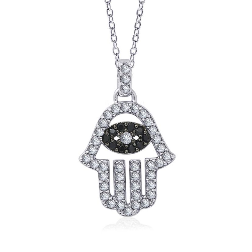 Lab Created Platinum Plated Sterling Silver CZ, Natural and Synthetic Black Spinel Evil Eye Hamsa Hand Lucky Pendant Necklace
