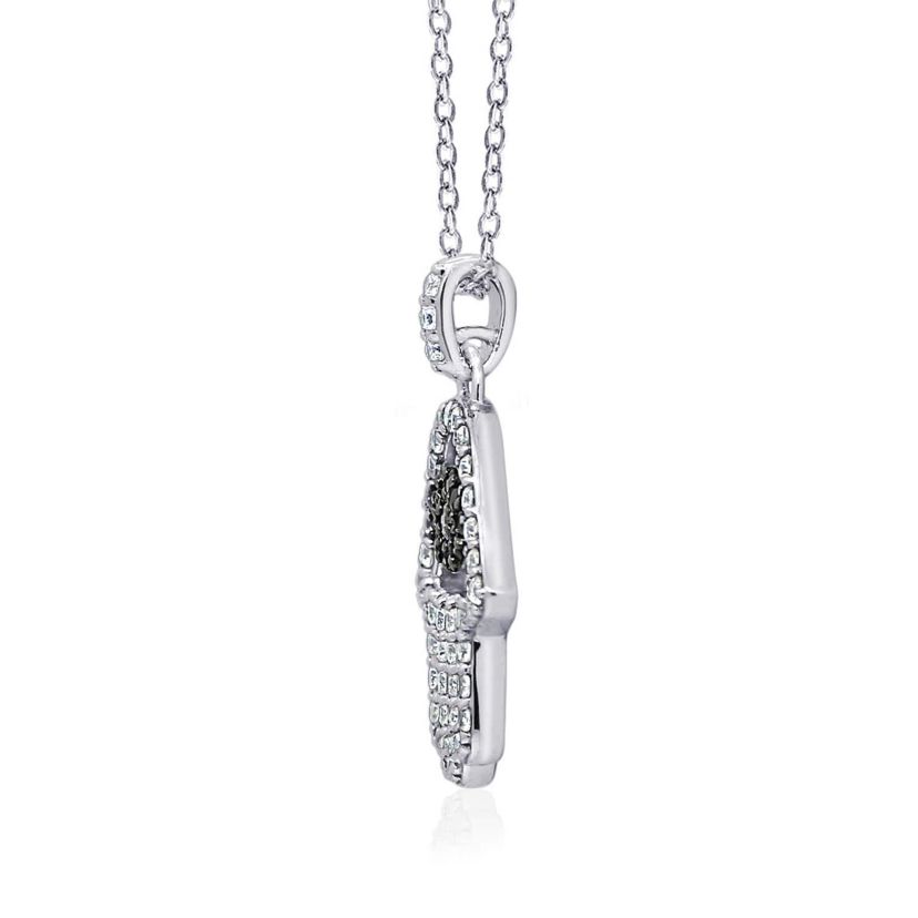 Lab Created Platinum Plated Sterling Silver CZ, Natural and Synthetic Black Spinel Evil Eye Hamsa Hand Lucky Pendant Necklace