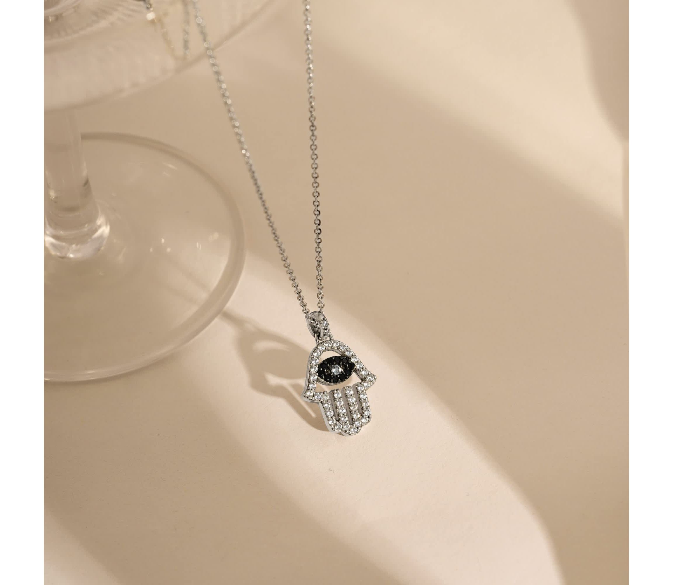 Lab Created Platinum Plated Sterling Silver CZ, Natural and Synthetic Black Spinel Evil Eye Hamsa Hand Lucky Pendant Necklace