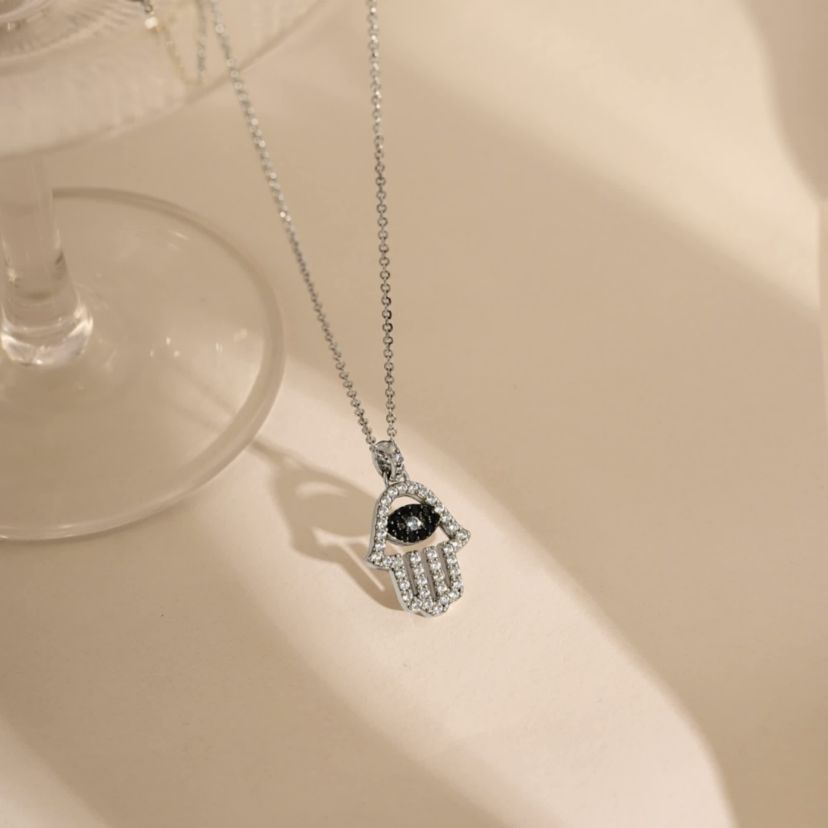 Lab Created Platinum Plated Sterling Silver CZ, Natural and Synthetic Black Spinel Evil Eye Hamsa Hand Lucky Pendant Necklace