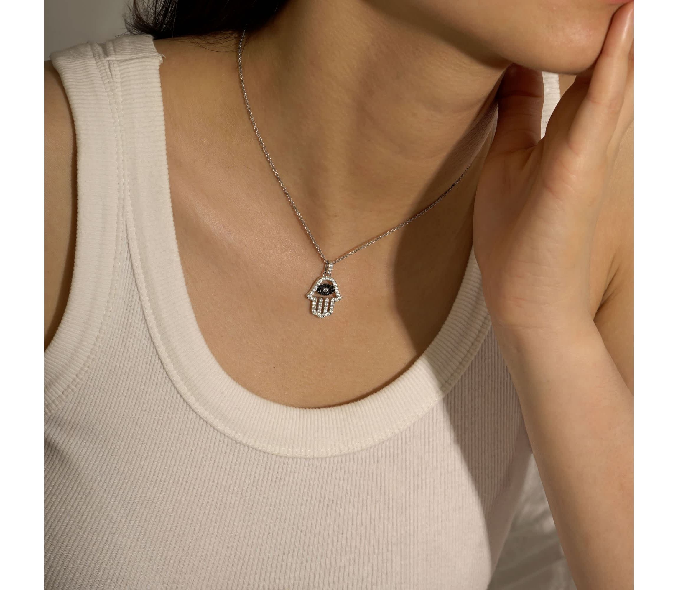 Lab Created Platinum Plated Sterling Silver CZ, Natural and Synthetic Black Spinel Evil Eye Hamsa Hand Lucky Pendant Necklace