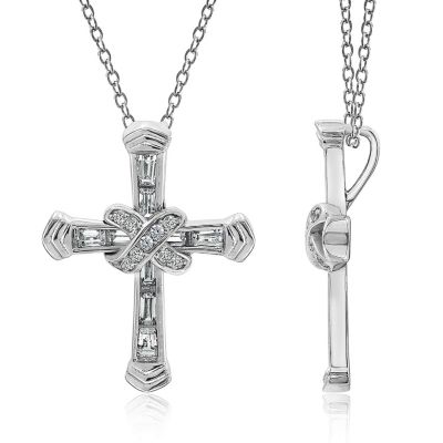 J'admire Lab Created Platinum-Plated Sterling Silver Religious Baguette & Round Clear-Cut Cubic Zirconia "X-Cross" Pendant Necklace