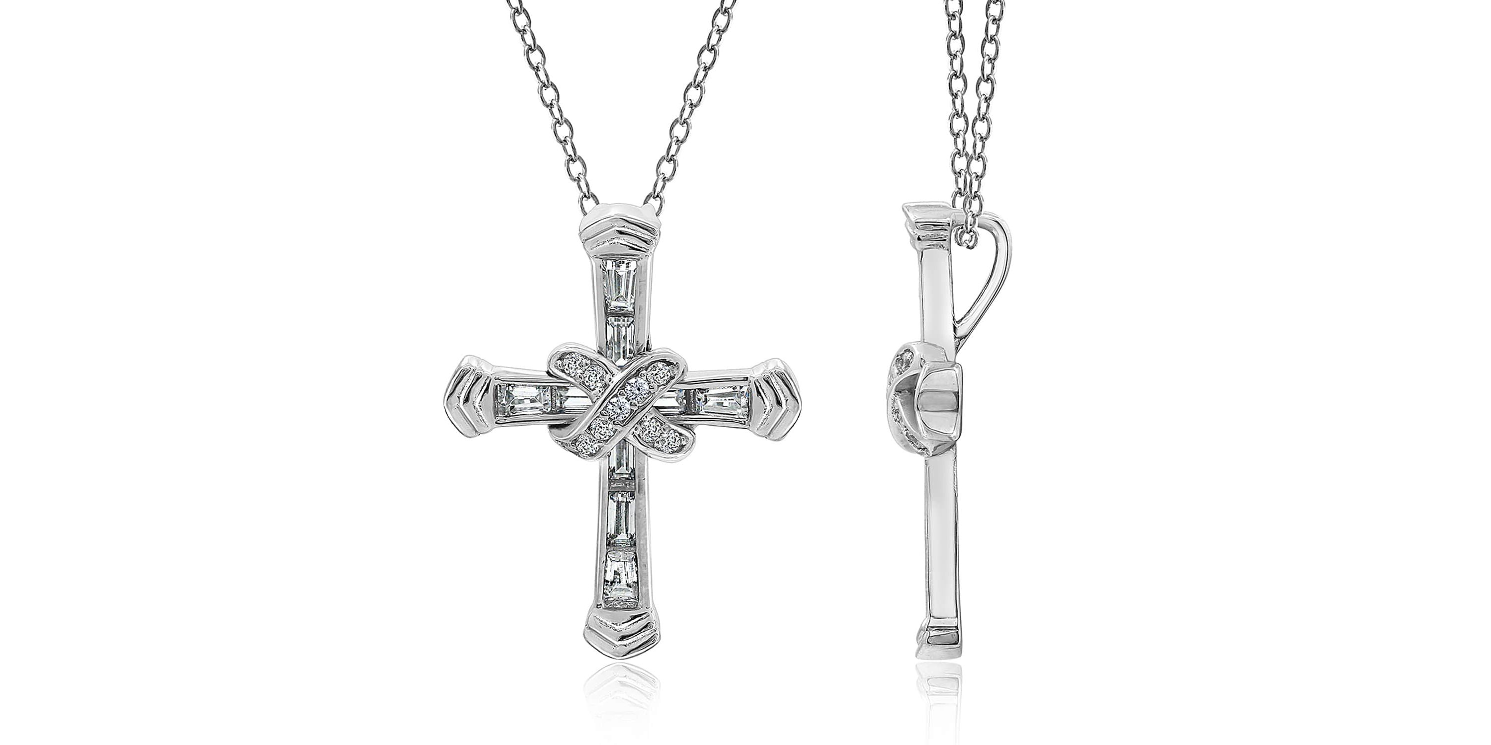 Lab Created Platinum-Plated Sterling Silver Religious Baguette & Round Clear-Cut Cubic Zirconia "X-Cross" Pendant Necklace
