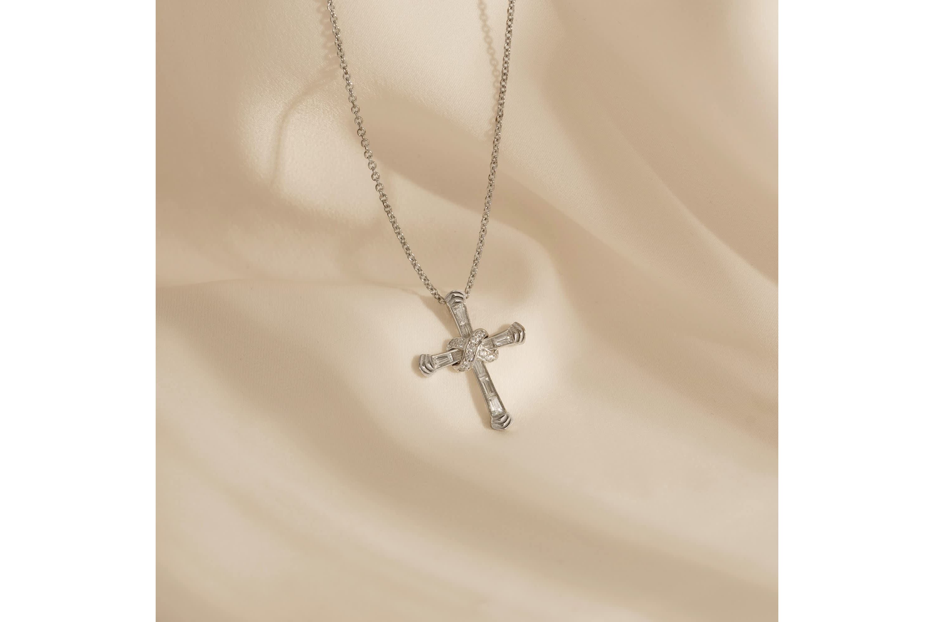 Lab Created Platinum-Plated Sterling Silver Religious Baguette & Round Clear-Cut Cubic Zirconia "X-Cross" Pendant Necklace