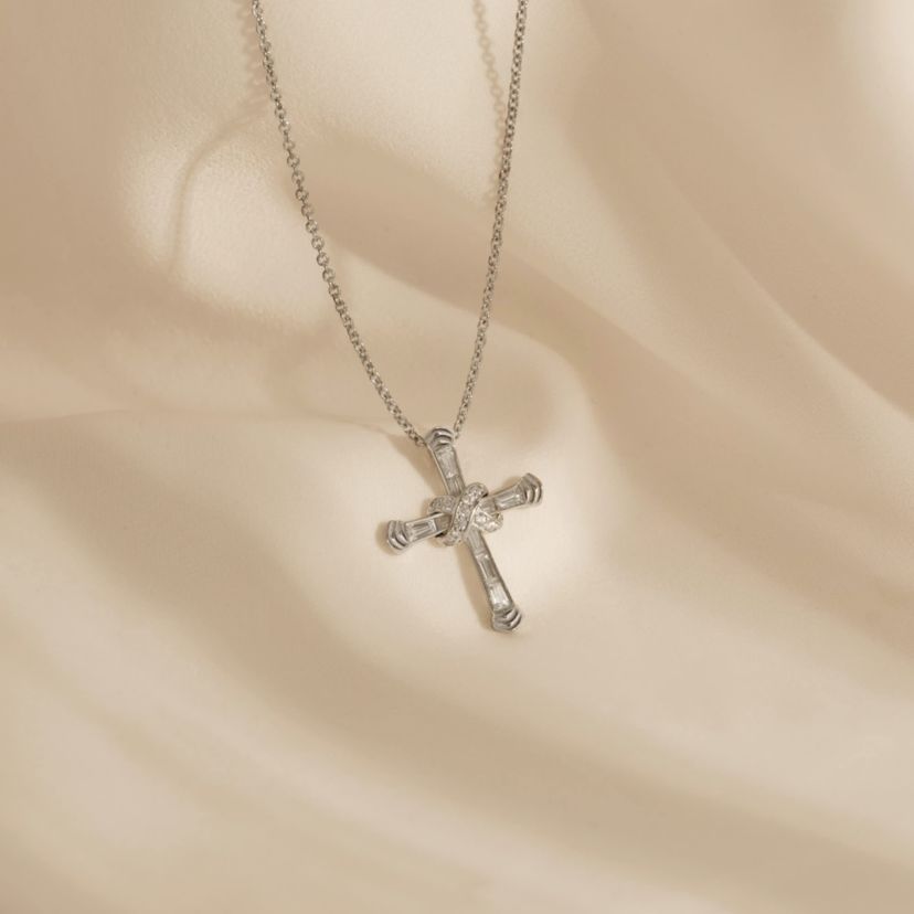 Lab Created Platinum-Plated Sterling Silver Religious Baguette & Round Clear-Cut Cubic Zirconia "X-Cross" Pendant Necklace