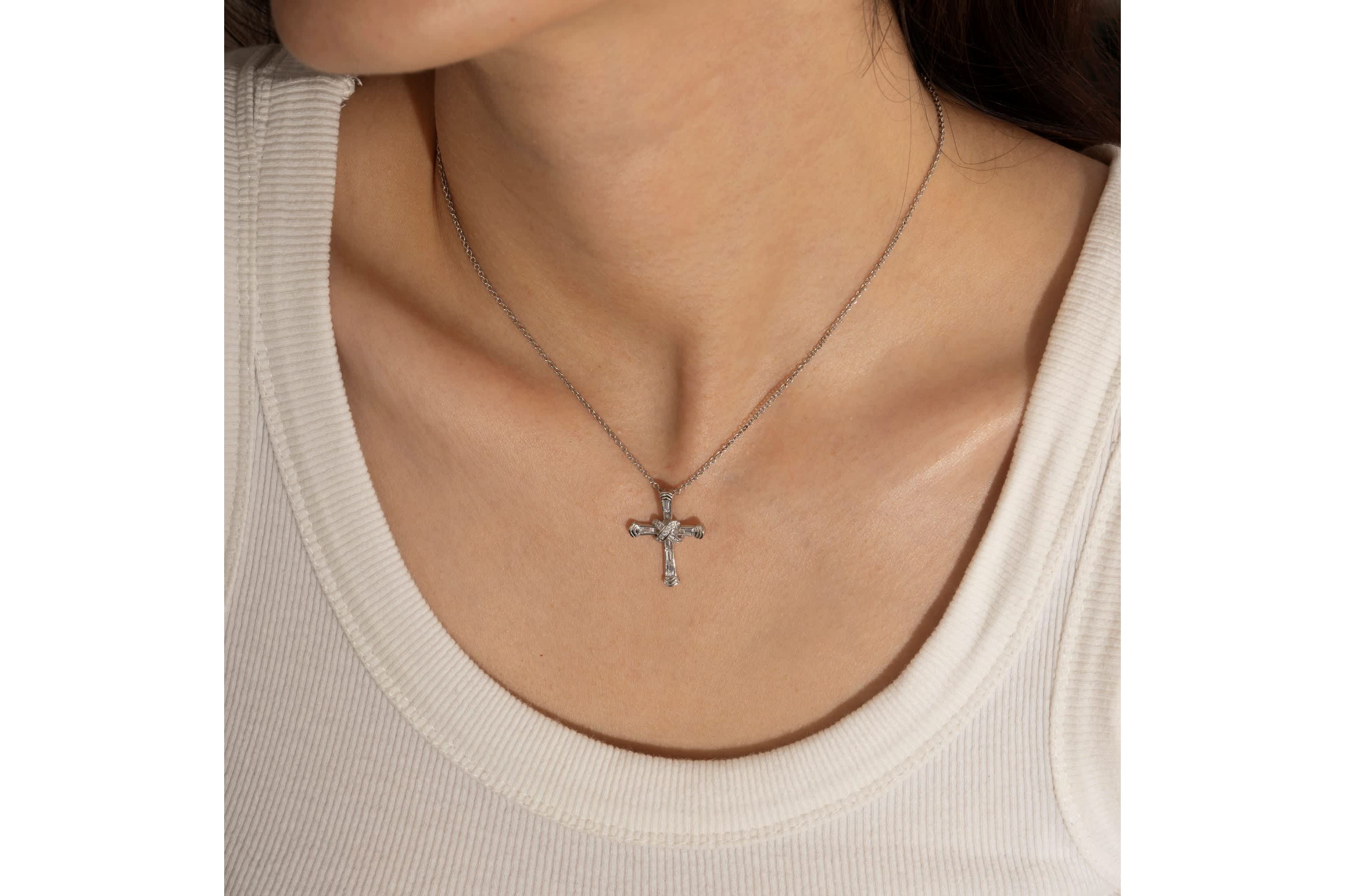 Lab Created Platinum-Plated Sterling Silver Religious Baguette & Round Clear-Cut Cubic Zirconia "X-Cross" Pendant Necklace