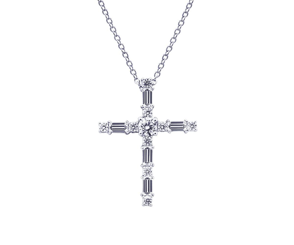 Lab Created Platinum Plated Sterling Silver Mixed Round & Baguette Cut Cubic Zirconia Cross Pendant Necklace