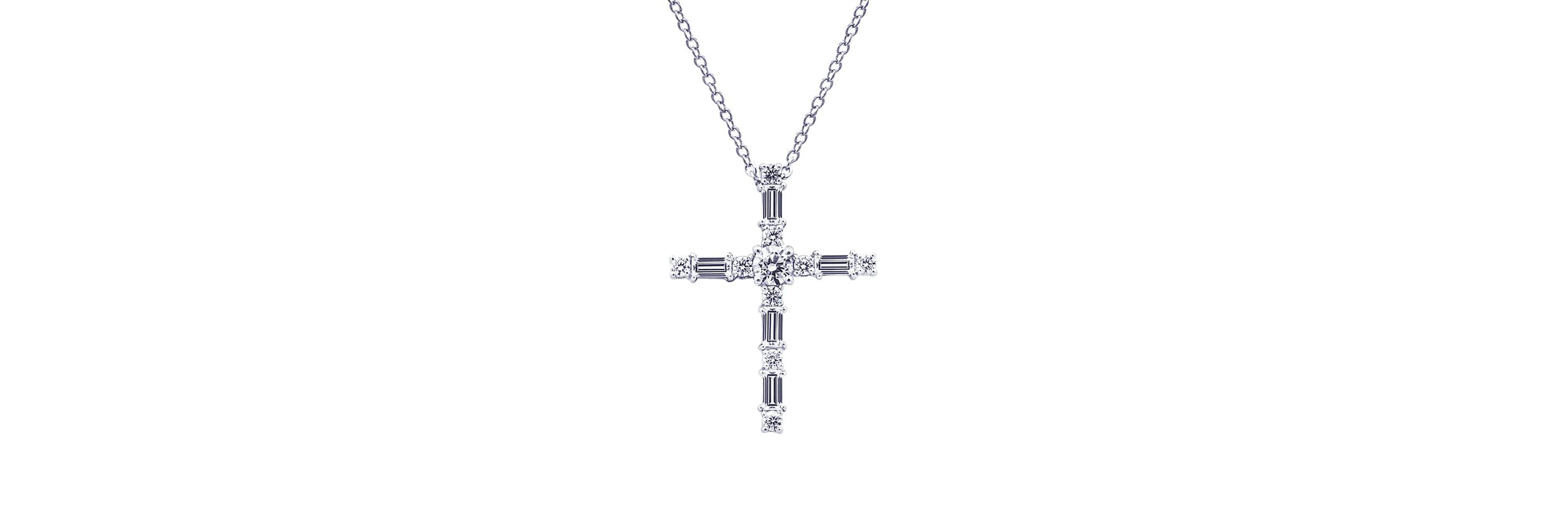 Lab Created Platinum Plated Sterling Silver Mixed Round & Baguette Cut Cubic Zirconia Cross Pendant Necklace