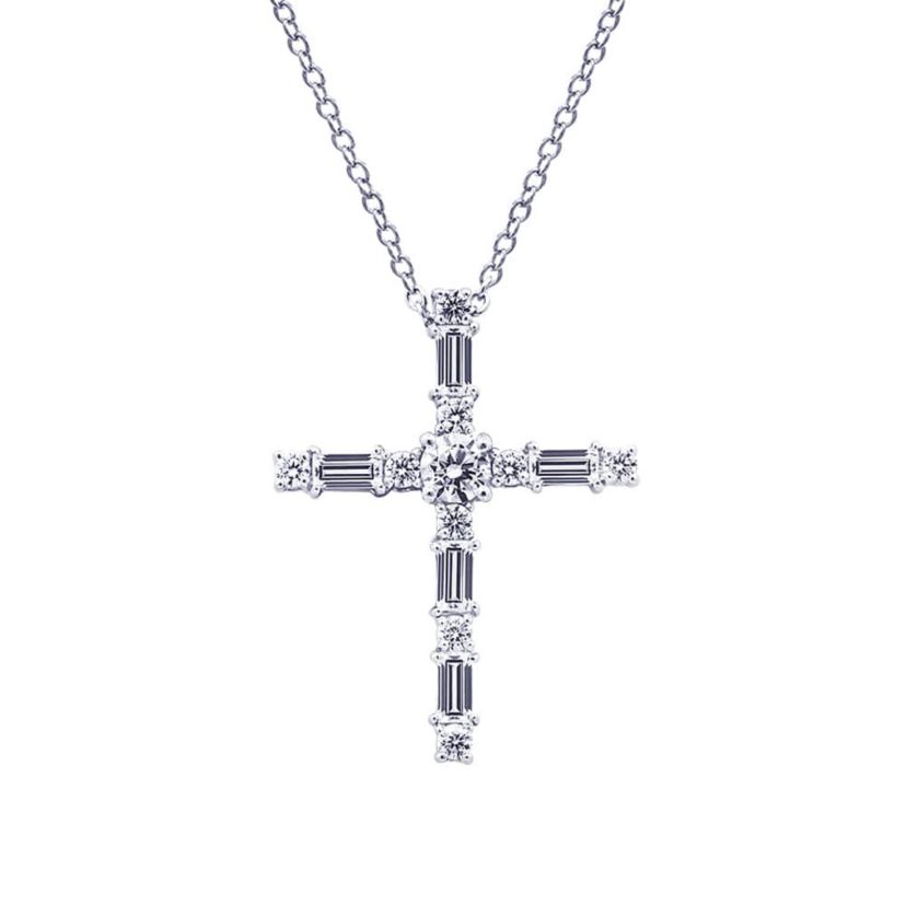Lab Created Platinum Plated Sterling Silver Mixed Round & Baguette Cut Cubic Zirconia Cross Pendant Necklace