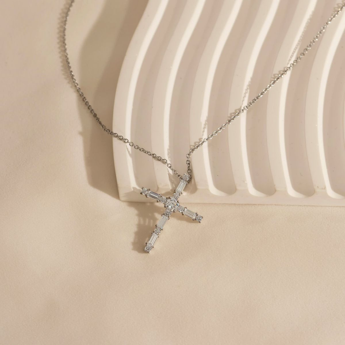 Lab Created Platinum Plated Sterling Silver Mixed Round & Baguette Cut Cubic Zirconia Cross Pendant Necklace