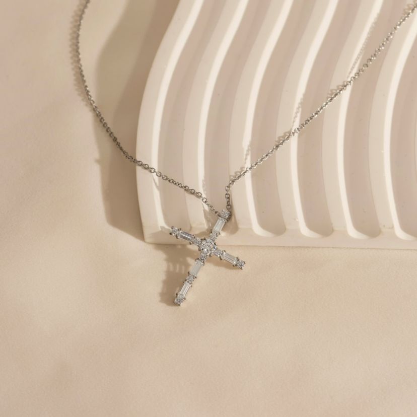Lab Created Platinum Plated Sterling Silver Mixed Round & Baguette Cut Cubic Zirconia Cross Pendant Necklace