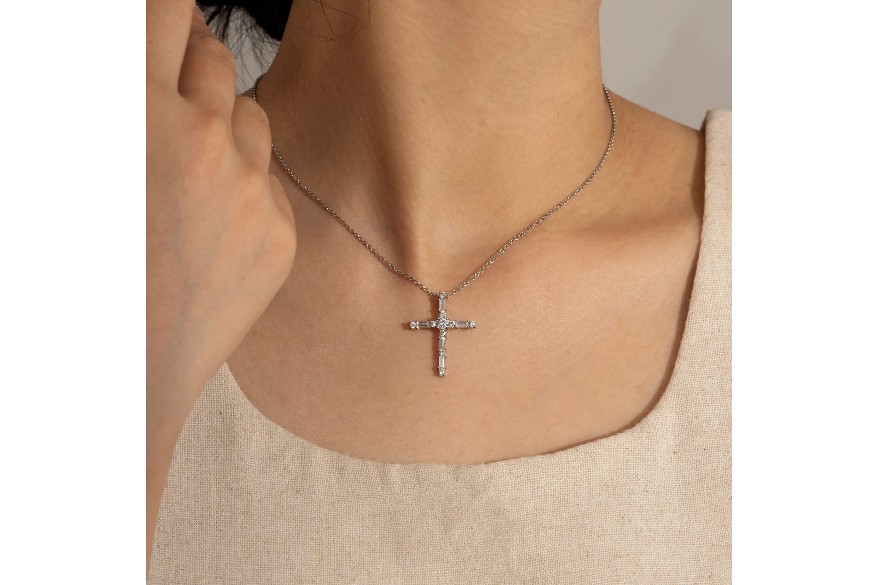 Lab Created Platinum Plated Sterling Silver Mixed Round & Baguette Cut Cubic Zirconia Cross Pendant Necklace
