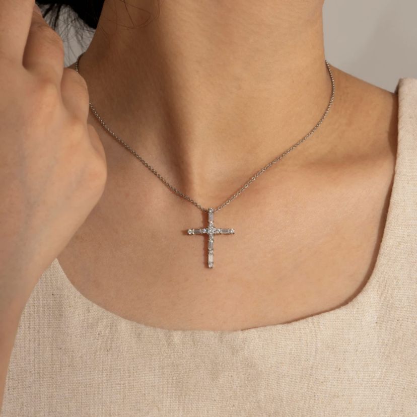 Lab Created Platinum Plated Sterling Silver Mixed Round & Baguette Cut Cubic Zirconia Cross Pendant Necklace