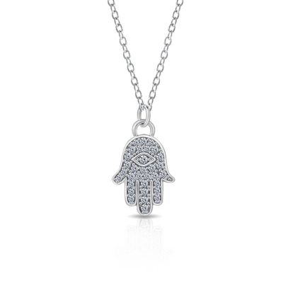 J'admire Lab Created Platinum Plated Sterling Silver Clear Cubic Zirconia Pave Hamsa Hand Lucky Pendant Necklace
