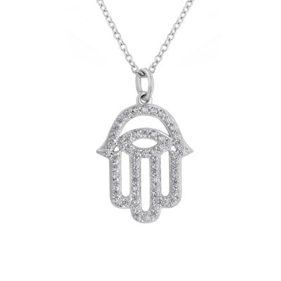 J'admire Lab Created Platinum Plated Sterling Silver Clear Cubic Zirconia Hollow Hamsa Hand Lucky Pendant Necklace