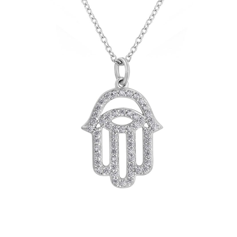 Lab Created Platinum Plated Sterling Silver Clear Cubic Zirconia Hollow Hamsa Hand Lucky Pendant Necklace