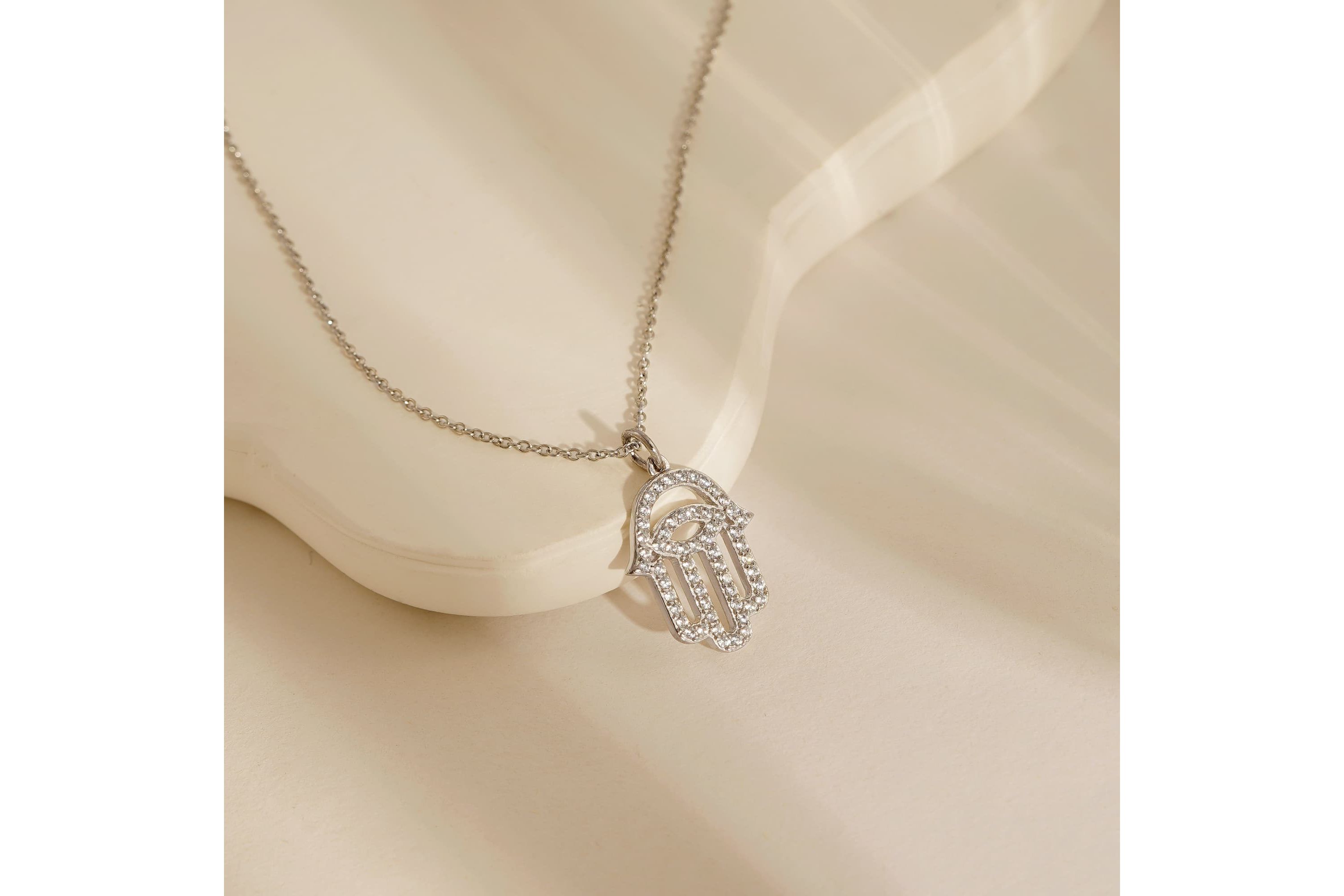 Lab Created Platinum Plated Sterling Silver Clear Cubic Zirconia Hollow Hamsa Hand Lucky Pendant Necklace