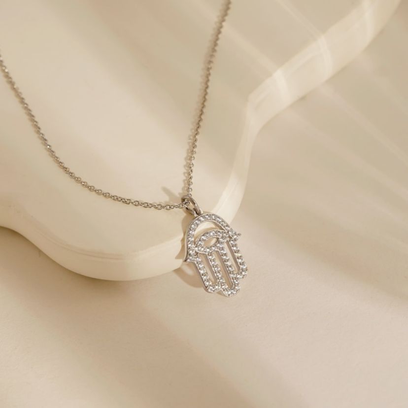 Lab Created Platinum Plated Sterling Silver Clear Cubic Zirconia Hollow Hamsa Hand Lucky Pendant Necklace