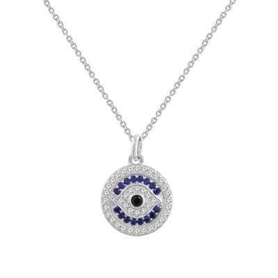J'admire Lab Created Platinum Plated Sterling Silver Synthetic Sapphire and Clear Cubic Zirconia Round Evil Eye Pendant Necklace, 16