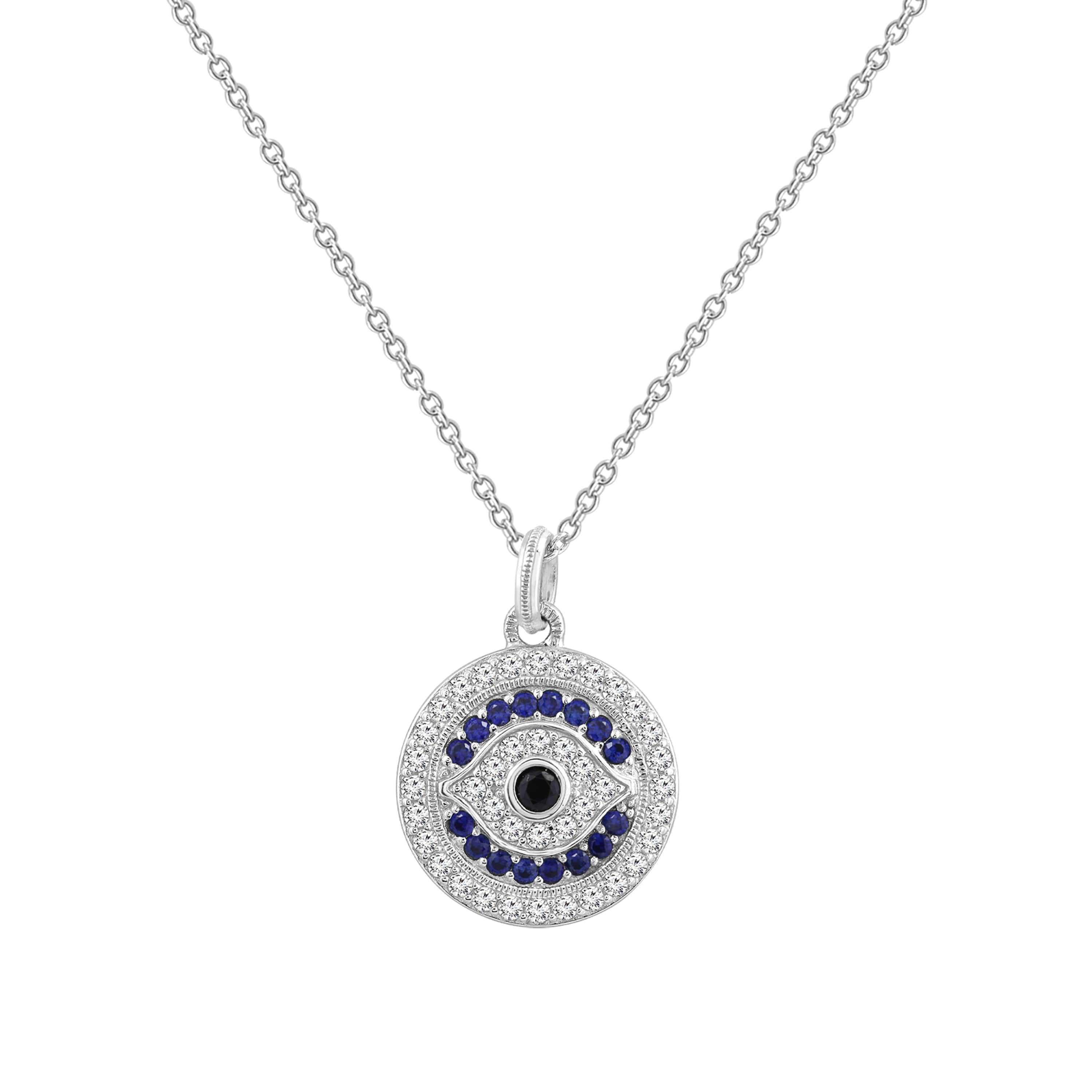 Lab Created Platinum Plated Sterling Silver Synthetic Sapphire and Clear Cubic Zirconia Round Evil Eye Pendant Necklace
