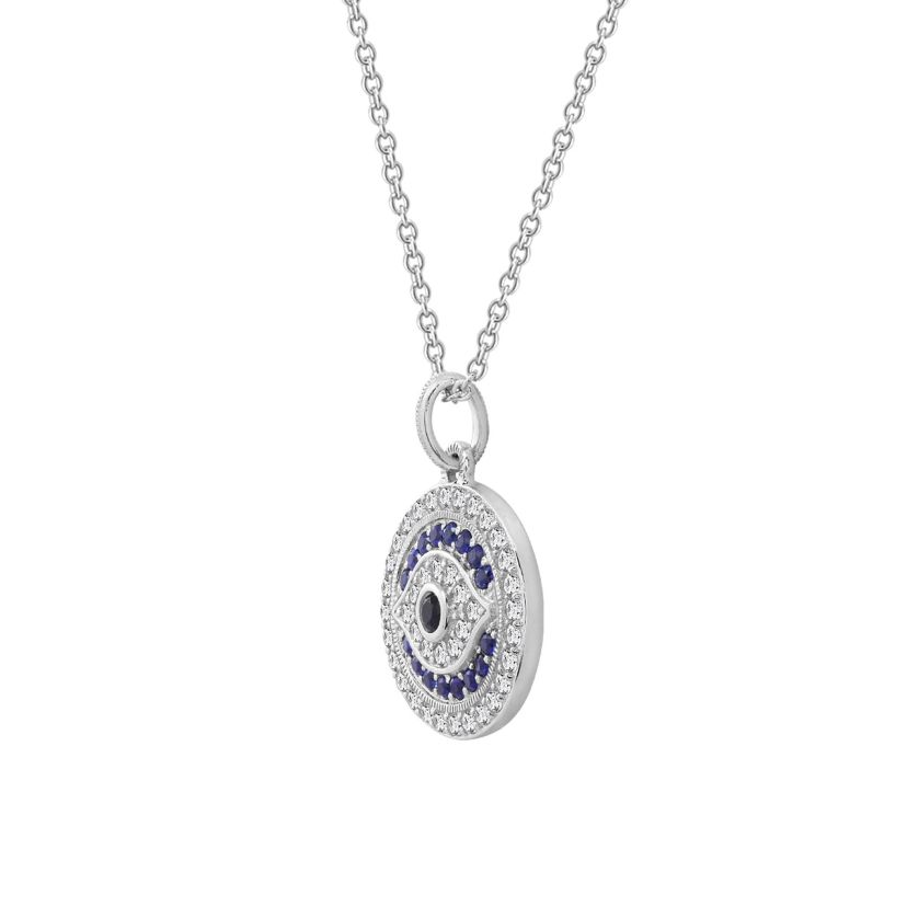 Lab Created Platinum Plated Sterling Silver Synthetic Sapphire and Clear Cubic Zirconia Round Evil Eye Pendant Necklace
