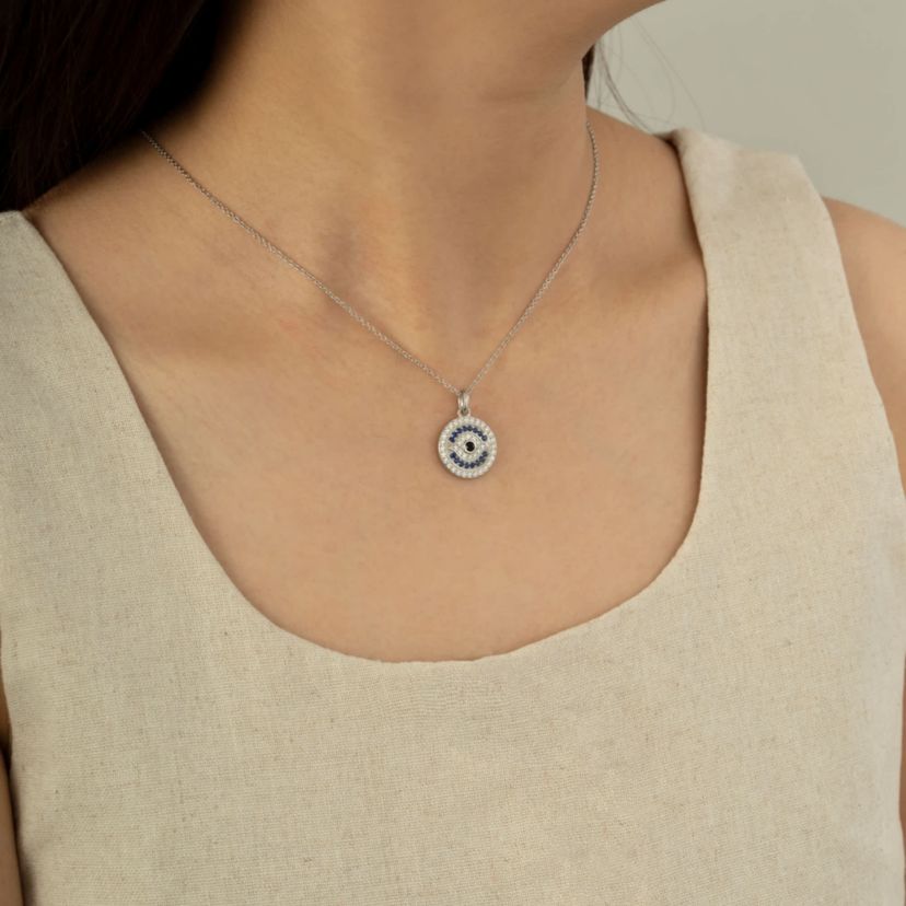 Lab Created Platinum Plated Sterling Silver Synthetic Sapphire and Clear Cubic Zirconia Round Evil Eye Pendant Necklace