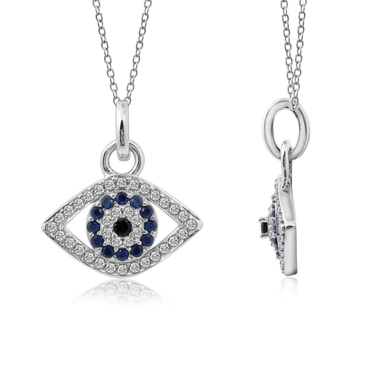 Lab Created Platinum Plated Sterling Silver Synthetic Sapphire and Clear Cubic Zirconia Evil Eye Pendant Necklace