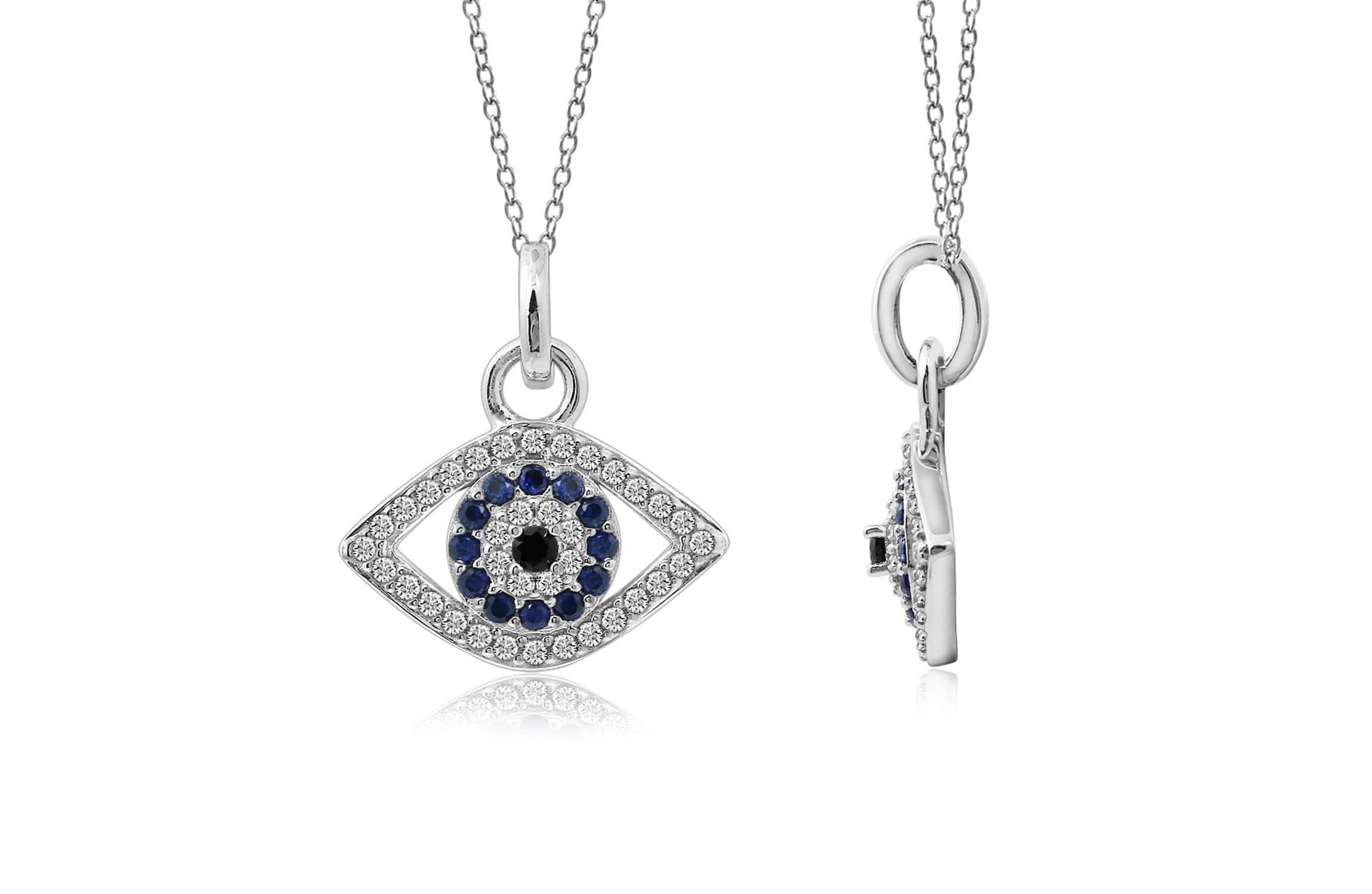 Lab Created Platinum Plated Sterling Silver Synthetic Sapphire and Clear Cubic Zirconia Evil Eye Pendant Necklace