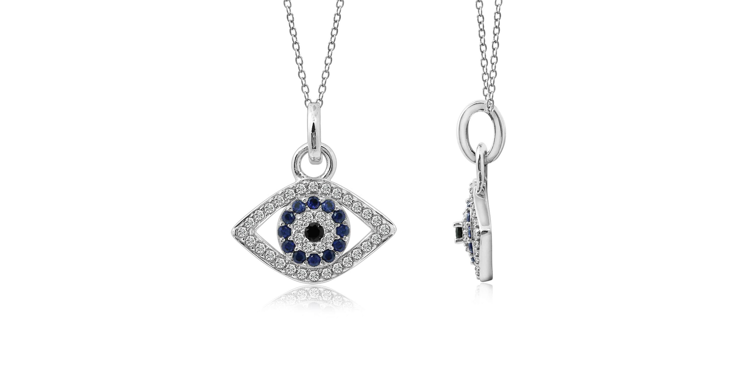 Lab Created Platinum Plated Sterling Silver Synthetic Sapphire and Clear Cubic Zirconia Evil Eye Pendant Necklace