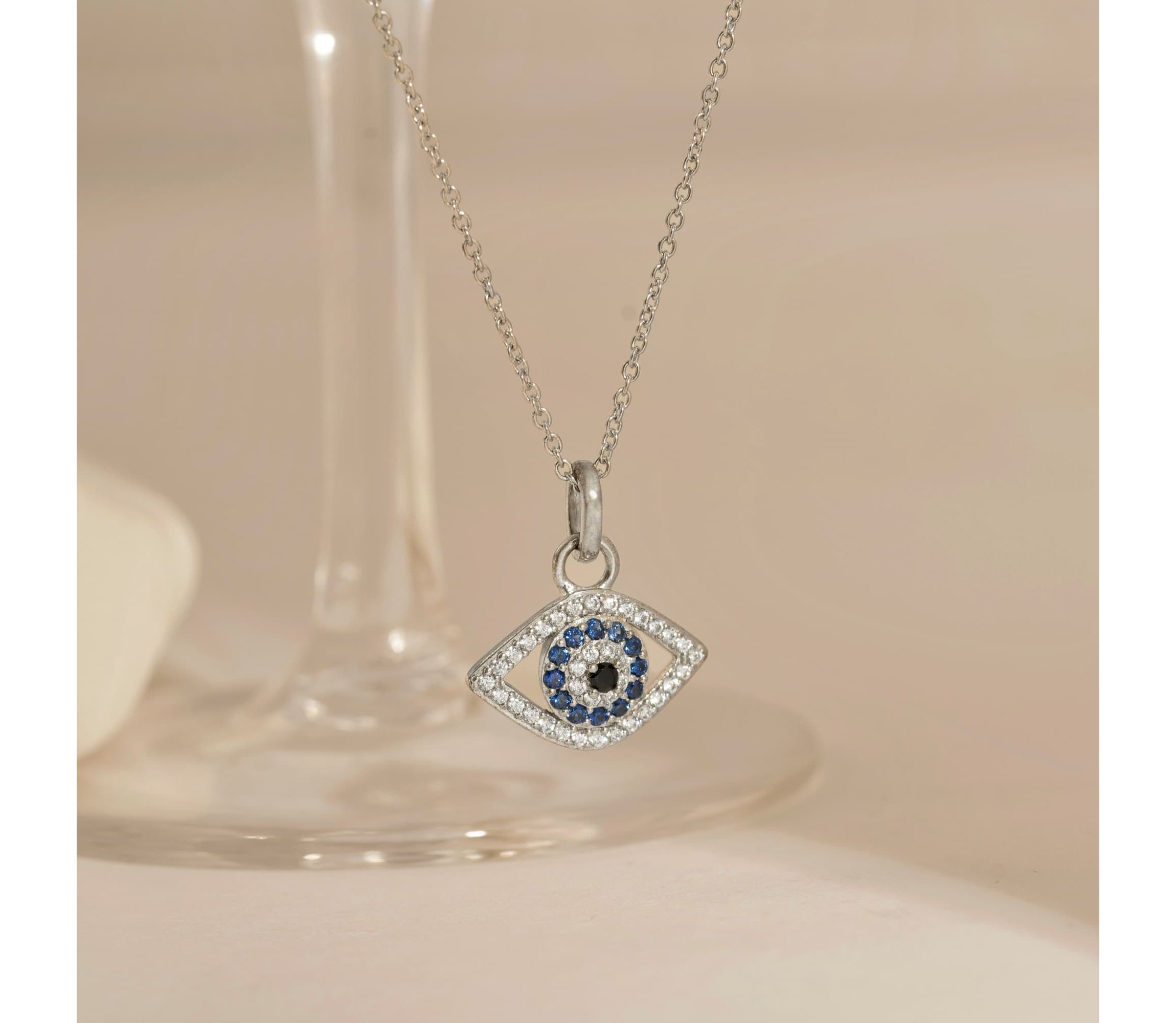 Lab Created Platinum Plated Sterling Silver Synthetic Sapphire and Clear Cubic Zirconia Evil Eye Pendant Necklace