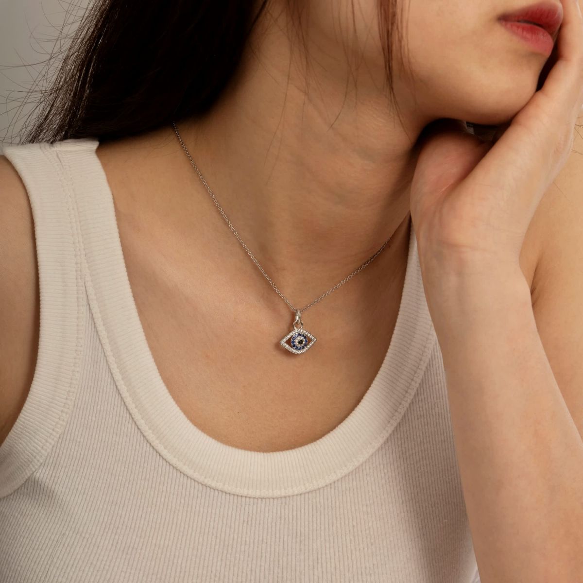 Lab Created Platinum Plated Sterling Silver Synthetic Sapphire and Clear Cubic Zirconia Evil Eye Pendant Necklace