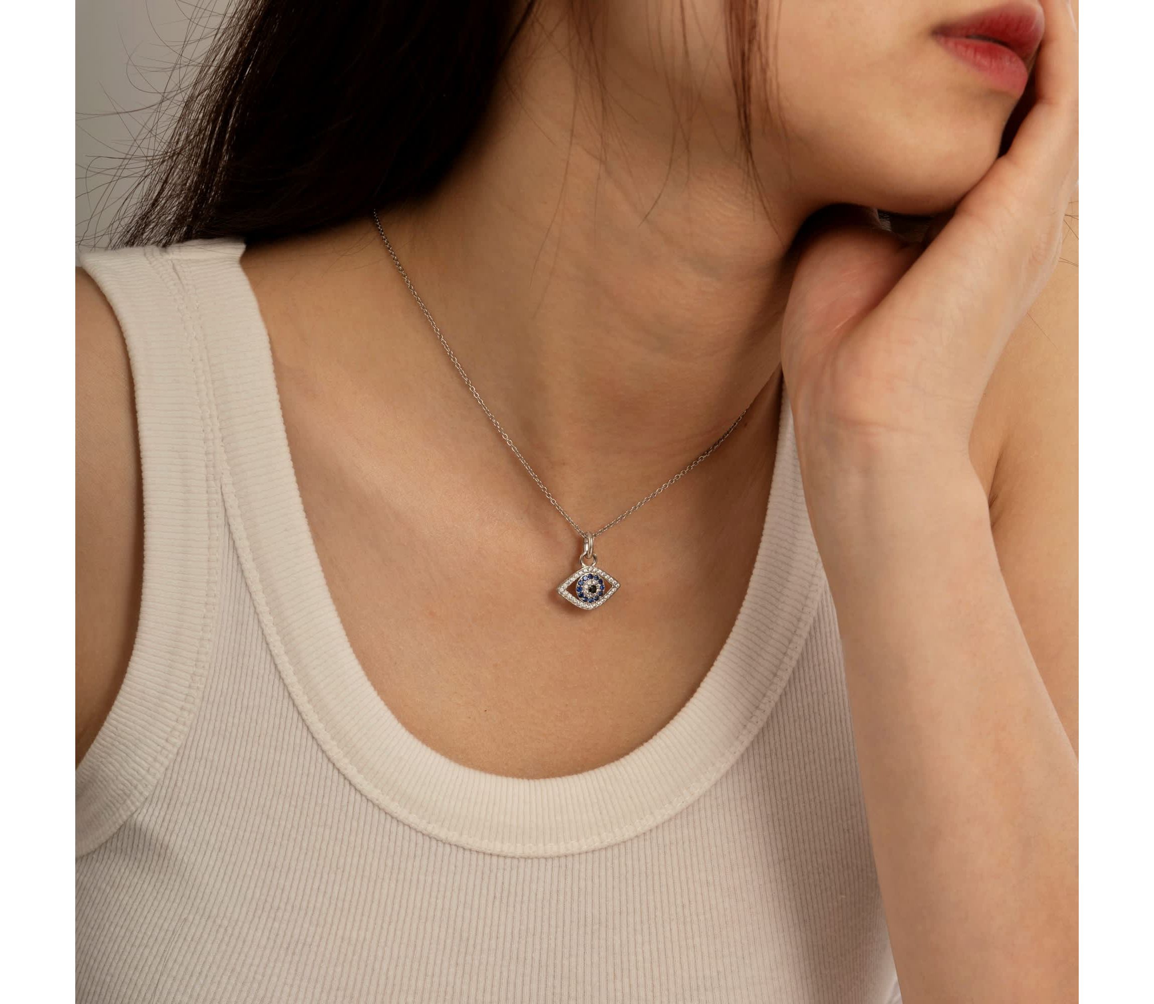 Lab Created Platinum Plated Sterling Silver Synthetic Sapphire and Clear Cubic Zirconia Evil Eye Pendant Necklace