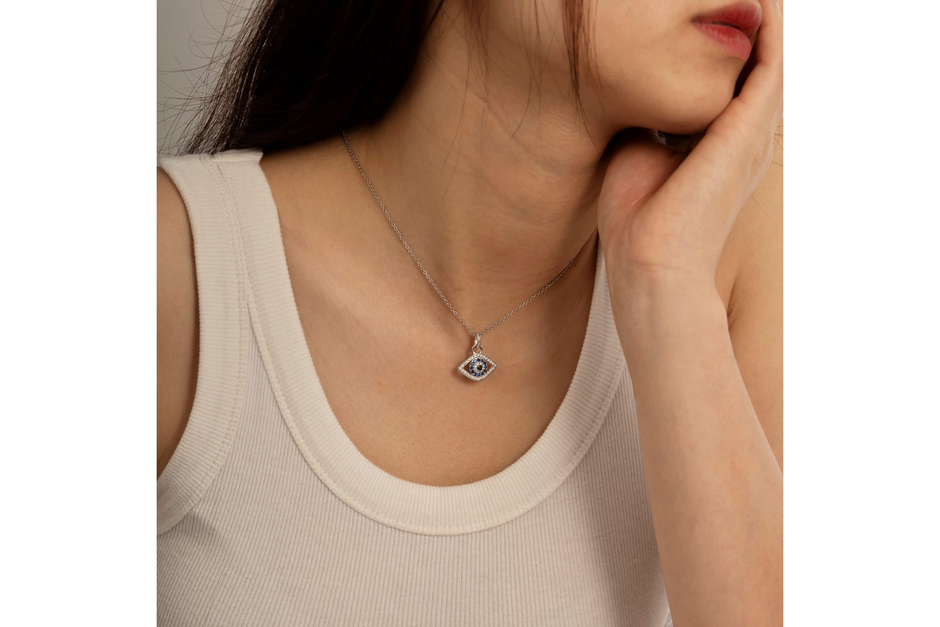 Lab Created Platinum Plated Sterling Silver Synthetic Sapphire and Clear Cubic Zirconia Evil Eye Pendant Necklace