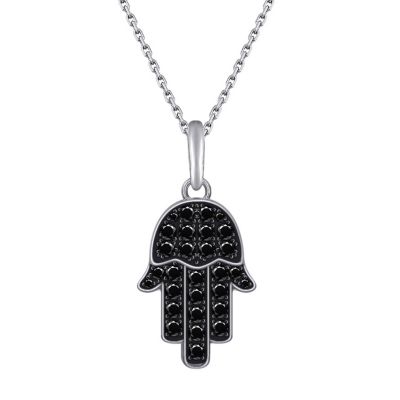 J'admire Lab Created Platinum Plated Sterling Silver Natural Black Spinel Pave Hamsa Hand Lucky Pendant Necklace