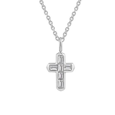 J'admire Lab Created Platinum Plated Sterling Silver Channel Religious Baguette Cut Clear Cubic Zirconia Cross Necklace