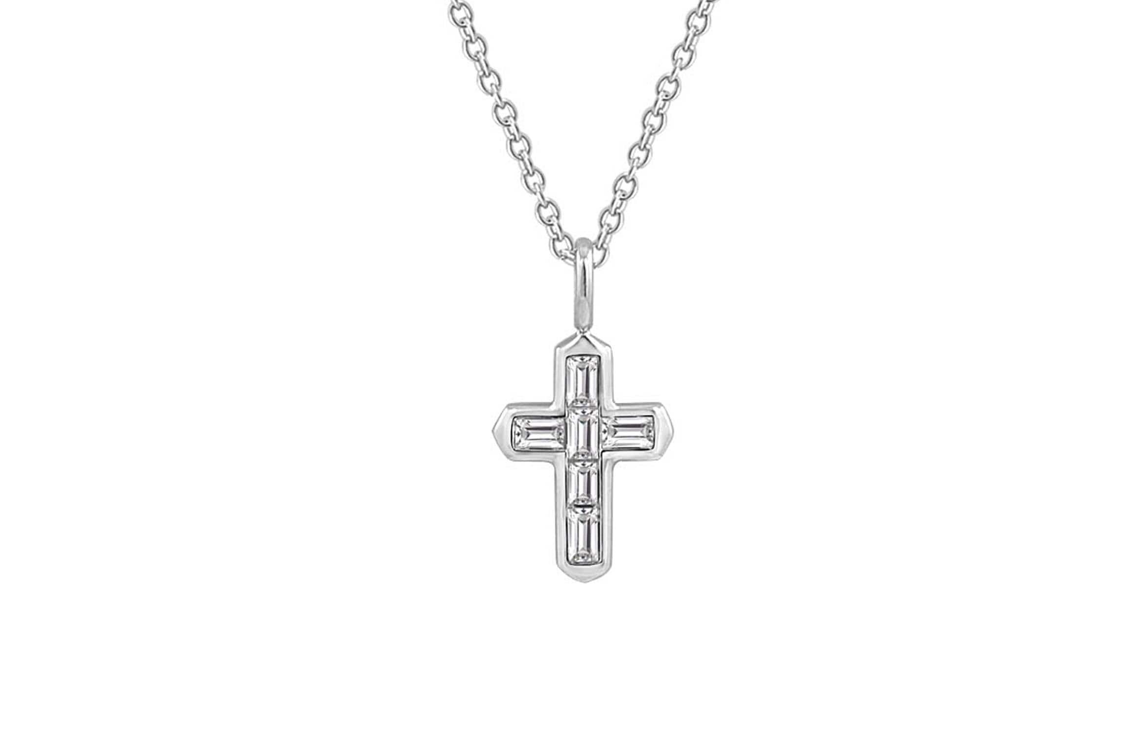 Lab Created Platinum Plated Sterling Silver Channel Religious Baguette Cut Clear Cubic Zirconia Cross Necklace