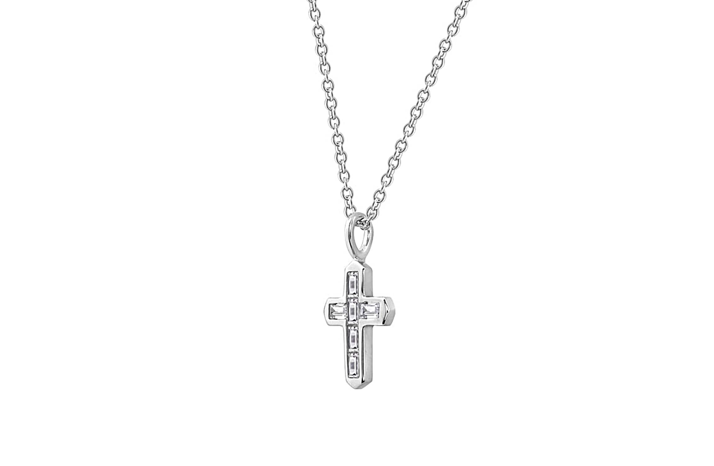 Lab Created Platinum Plated Sterling Silver Channel Religious Baguette Cut Clear Cubic Zirconia Cross Necklace