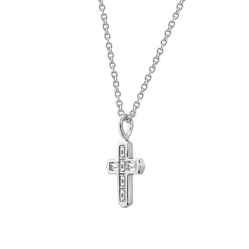 Lab Created Platinum Plated Sterling Silver Channel Religious Baguette Cut Clear Cubic Zirconia Cross Necklace