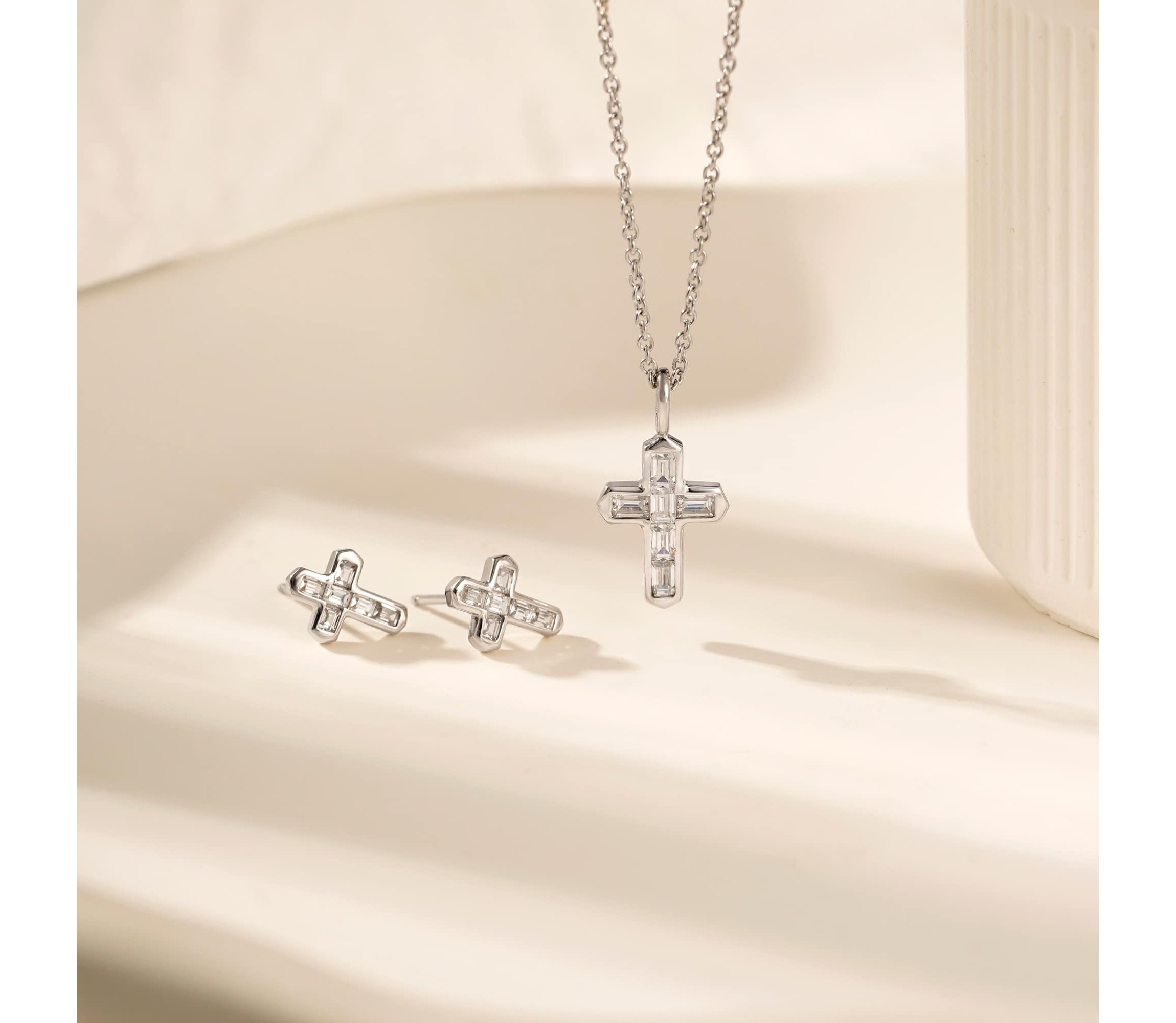 Lab Created Platinum Plated Sterling Silver Channel Religious Baguette Cut Clear Cubic Zirconia Cross Necklace