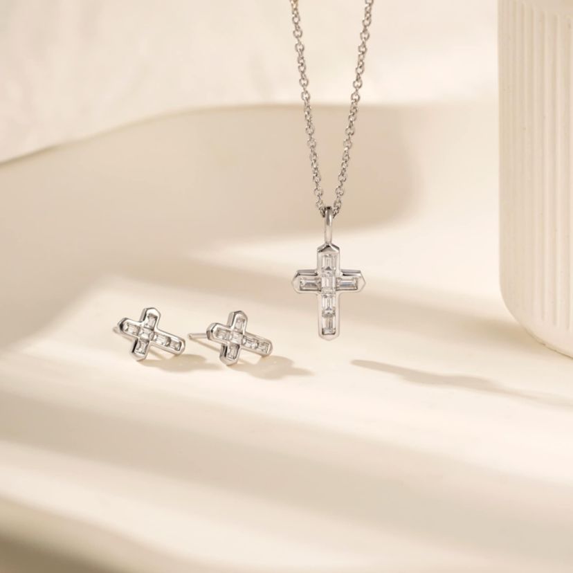 Lab Created Platinum Plated Sterling Silver Channel Religious Baguette Cut Clear Cubic Zirconia Cross Necklace
