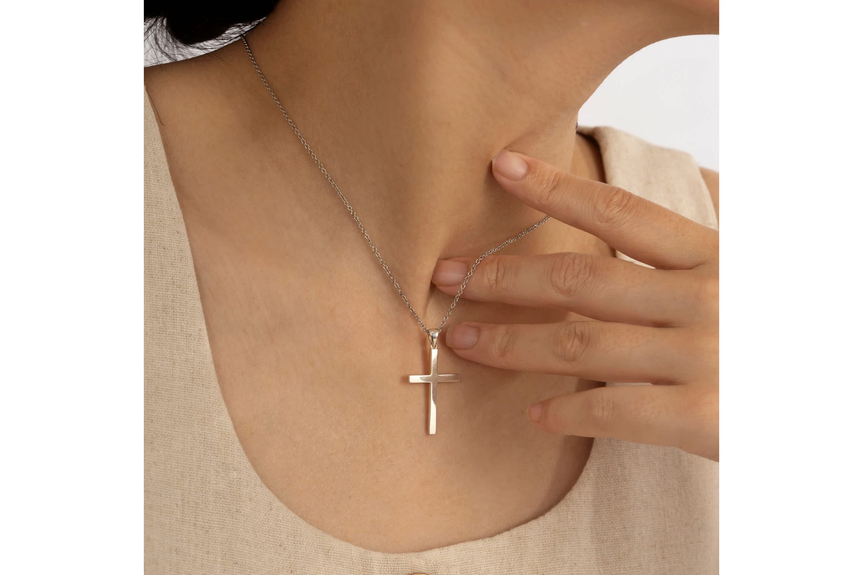Lab Created Platinum Plated Sterling Silver Dainty Plain Classic Latin Cross Pendant Necklace