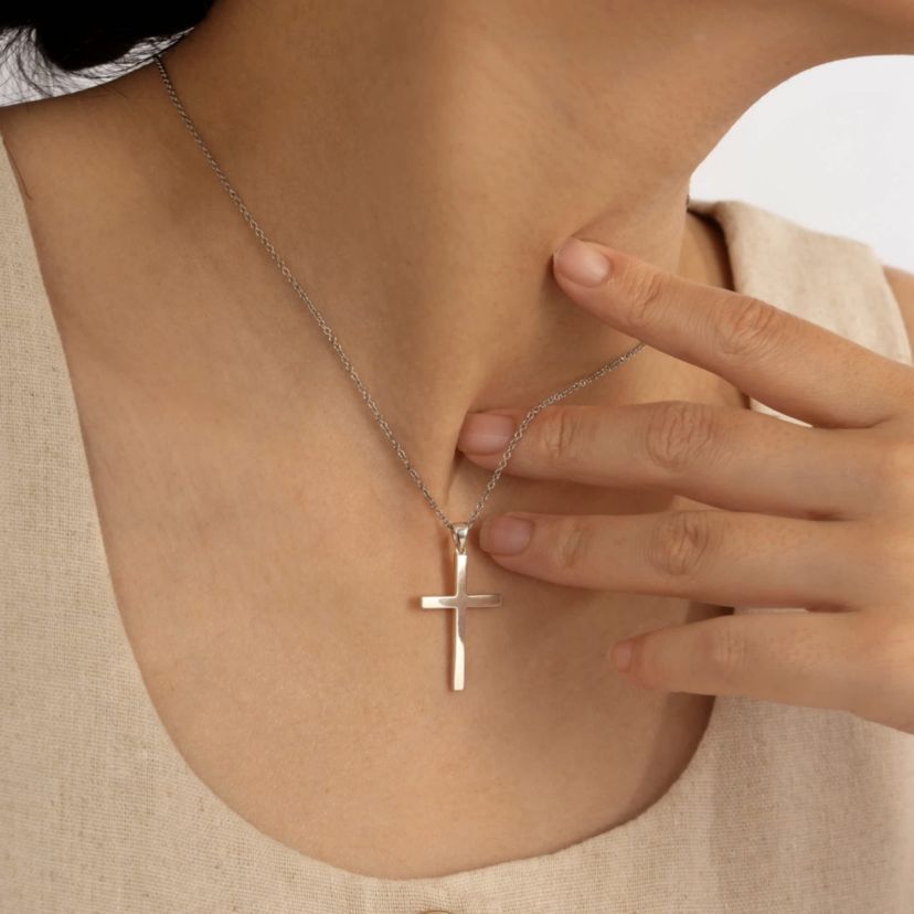 Lab Created Platinum Plated Sterling Silver Dainty Plain Classic Latin Cross Pendant Necklace
