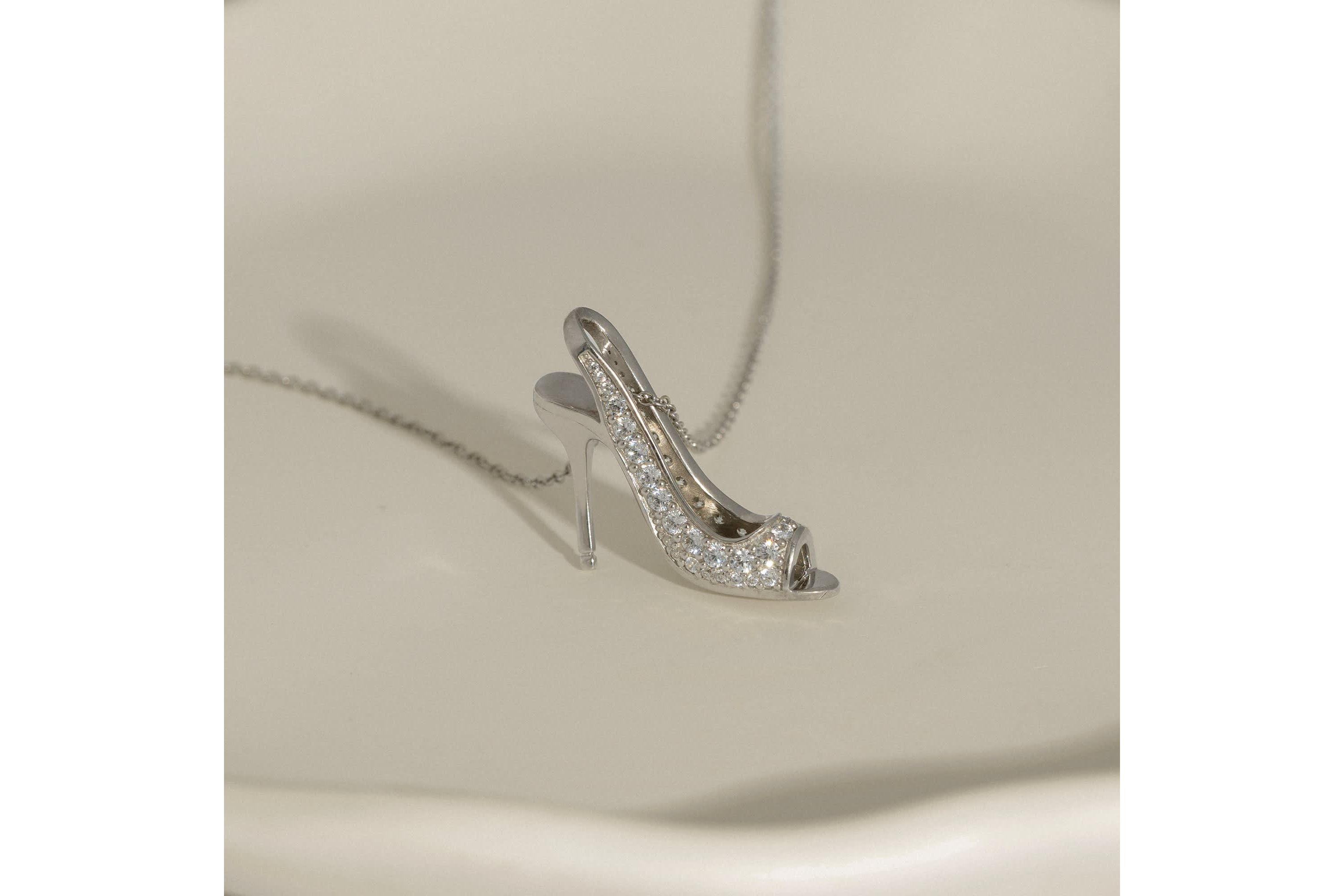 Lab Created Platinum Plated Sterling Silver Cubic Zirconia Peep Toe High Heel Pendant Necklace