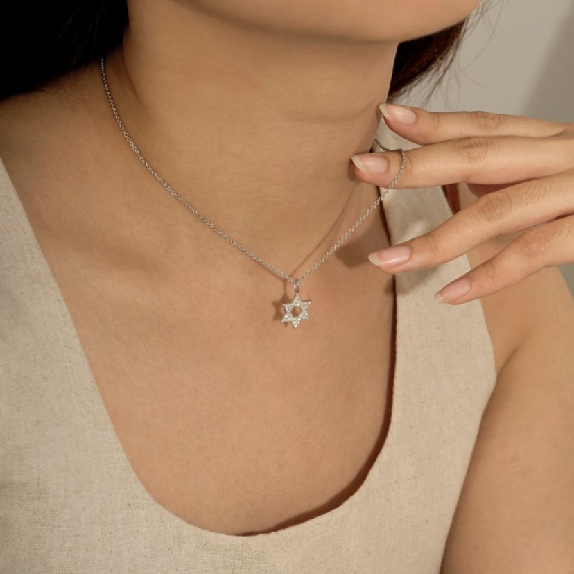 Lab Created Platinum Plated Sterling Silver Religious Round Brilliant Cubic Zirconia Pave Star Of David Pendant Necklace
